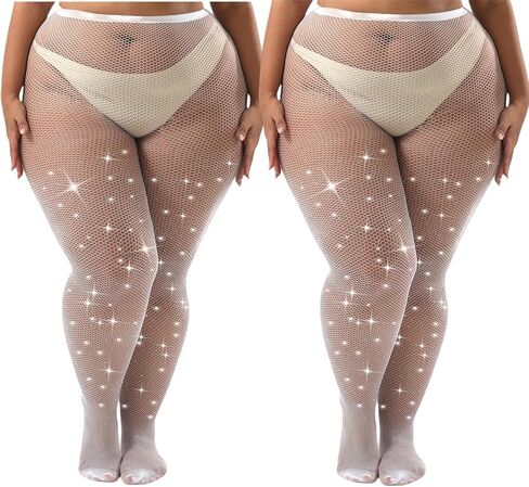 Plus Size Rhinestone Sparkly Fishnet Stockings Glitter Pantyhose High Waist Small Mesh Stockings, Value Pack of 2 in Kuwait