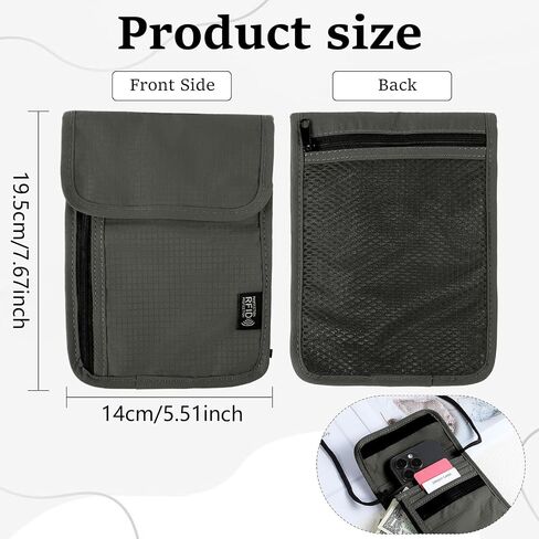 RFID Blocking Travel Neck Wallet, Waterproof Passport Holder for Travel, Portable Neck Pouch Organizer for Women Men(Grey) in Saudi Arabia