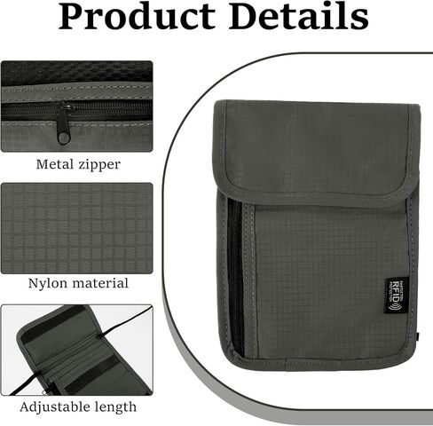 RFID Blocking Travel Neck Wallet, Waterproof Passport Holder for Travel, Portable Neck Pouch Organizer for Women Men(Grey) in Saudi Arabia