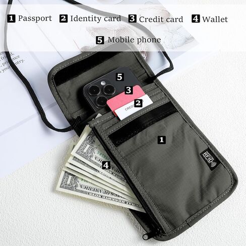RFID Blocking Travel Neck Wallet, Waterproof Passport Holder for Travel, Portable Neck Pouch Organizer for Women Men(Grey) in Saudi Arabia