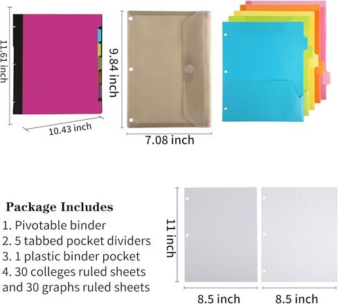 Pivotable Refillable Notebook, Notebook with Dividers and Tabs, 30 College Ruled Paper and 30 Graph Paper, 1 Movable Pocket, 5 Plastic Tabbed Subject Dividers, 200 Sheets Capacity- Black in Saudi Arabia