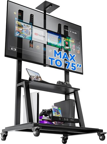 Rolling TV Cart for 32-75 Inch Flat/Curved LED/LCD/OLED TVs, Mobile TV Stand with Storage Shelves, Height Adjustable Max VESA 600x400mm up to 150lbs, Outdoor TV Stand with Wheels (Black) in Saudi Arabia