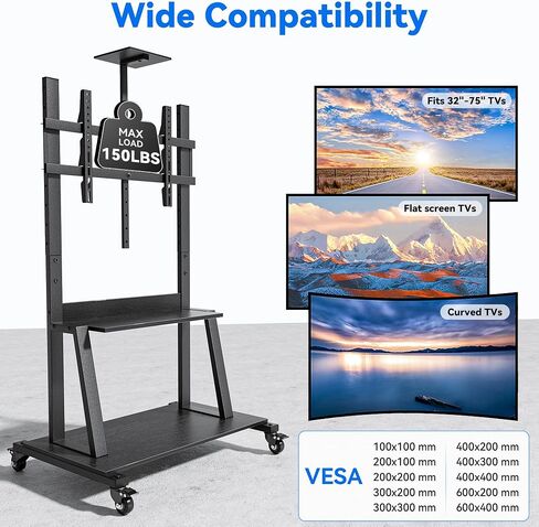 Rolling TV Cart for 32-75 Inch Flat/Curved LED/LCD/OLED TVs, Mobile TV Stand with Storage Shelves, Height Adjustable Max VESA 600x400mm up to 150lbs, Outdoor TV Stand with Wheels (Black) in Saudi Arabia