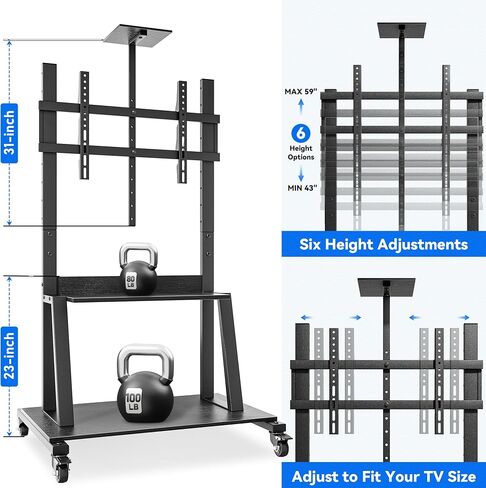 Rolling TV Cart for 32-75 Inch Flat/Curved LED/LCD/OLED TVs, Mobile TV Stand with Storage Shelves, Height Adjustable Max VESA 600x400mm up to 150lbs, Outdoor TV Stand with Wheels (Black) in Saudi Arabia