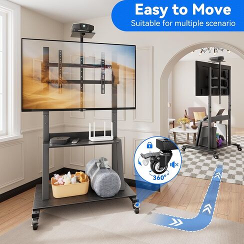Rolling TV Cart for 32-75 Inch Flat/Curved LED/LCD/OLED TVs, Mobile TV Stand with Storage Shelves, Height Adjustable Max VESA 600x400mm up to 150lbs, Outdoor TV Stand with Wheels (Black) in Saudi Arabia