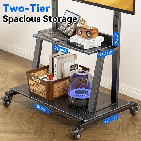 Rolling TV Cart for 32-75 Inch Flat/Curved LED/LCD/OLED TVs, Mobile TV Stand with Storage Shelves, Height Adjustable Max VESA 600x400mm up to 150lbs, Outdoor TV Stand with Wheels (Black) in Saudi Arabia