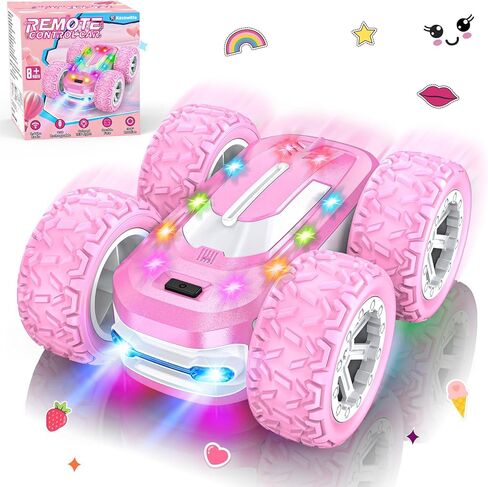 Pink Remote Control Car for Girls, RC Cars for Kids with DIY Sticker & Colored Lights, 2.4Ghz Double Sided 360° Flips 4WD Stunt Car, Rechargeable Toy Cars for Girl Ages 4-6 5-7 6-8 8-12 Birthday Gift in Saudi Arabia