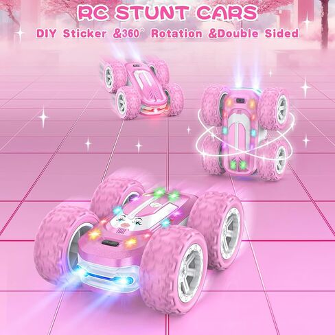 Pink Remote Control Car for Girls, RC Cars for Kids with DIY Sticker & Colored Lights, 2.4Ghz Double Sided 360° Flips 4WD Stunt Car, Rechargeable Toy Cars for Girl Ages 4-6 5-7 6-8 8-12 Birthday Gift in Saudi Arabia