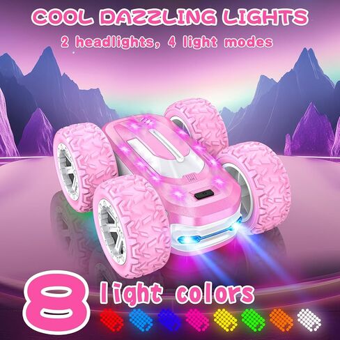 Pink Remote Control Car for Girls, RC Cars for Kids with DIY Sticker & Colored Lights, 2.4Ghz Double Sided 360° Flips 4WD Stunt Car, Rechargeable Toy Cars for Girl Ages 4-6 5-7 6-8 8-12 Birthday Gift in Saudi Arabia