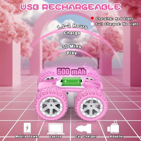 Pink Remote Control Car for Girls, RC Cars for Kids with DIY Sticker & Colored Lights, 2.4Ghz Double Sided 360° Flips 4WD Stunt Car, Rechargeable Toy Cars for Girl Ages 4-6 5-7 6-8 8-12 Birthday Gift in Saudi Arabia