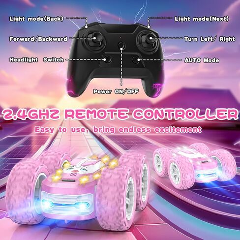 Pink Remote Control Car for Girls, RC Cars for Kids with DIY Sticker & Colored Lights, 2.4Ghz Double Sided 360° Flips 4WD Stunt Car, Rechargeable Toy Cars for Girl Ages 4-6 5-7 6-8 8-12 Birthday Gift in Saudi Arabia