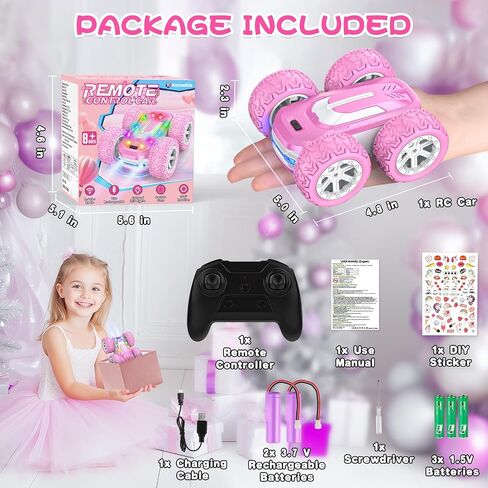 Pink Remote Control Car for Girls, RC Cars for Kids with DIY Sticker & Colored Lights, 2.4Ghz Double Sided 360° Flips 4WD Stunt Car, Rechargeable Toy Cars for Girl Ages 4-6 5-7 6-8 8-12 Birthday Gift in Saudi Arabia