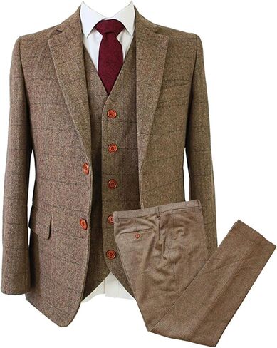 Wemaliyzd Vintage Men's 3 Pcs Suit Herringbone Tweed Checkered Blazer Vest Pants in Saudi Arabia