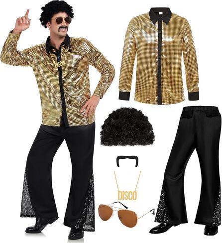 Mens 70s Disco Outfit Retro 70s Costume Bell Bottom Pants Long Sleeve Shirts 70s Wigs Sets for Halloween Party in Saudi Arabia