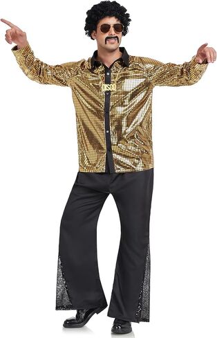 Mens 70s Disco Outfit Retro 70s Costume Bell Bottom Pants Long Sleeve Shirts 70s Wigs Sets for Halloween Party in Saudi Arabia