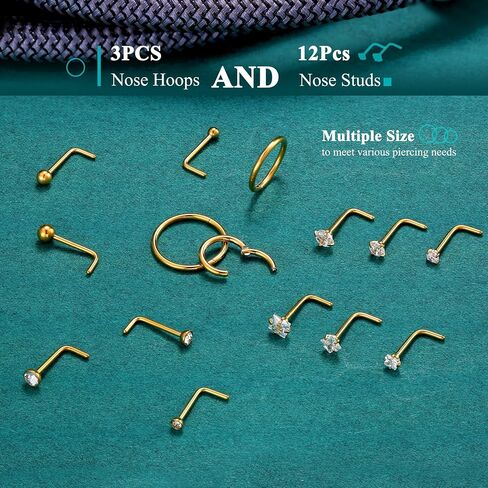 18G Nose Rings Hoops and 20G Nose Studs for Women Men Hypoallergenic 316L Surgical Stainless Steel Clicker Hinged Segment Nose Rings Hoops Ball CZ Simulated Diamond Nose Studs Nose Piercing Jewelry in Kuwait