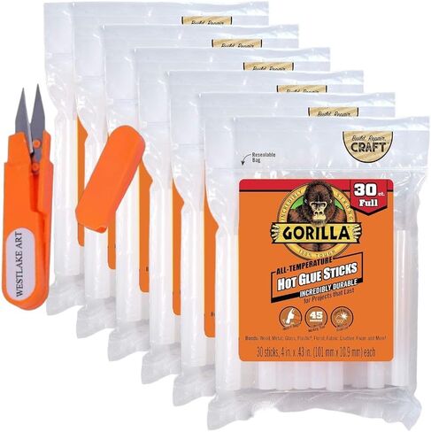 Gorilla Hot Glue Sticks for Glue Gun, 4" Long, 180 Count - Clear Drying, All-Temperature Glue Gun Sticks - Includes Westlake Art Embroidery Scissors, Easy to Use [Pack of 6] in Saudi Arabia
