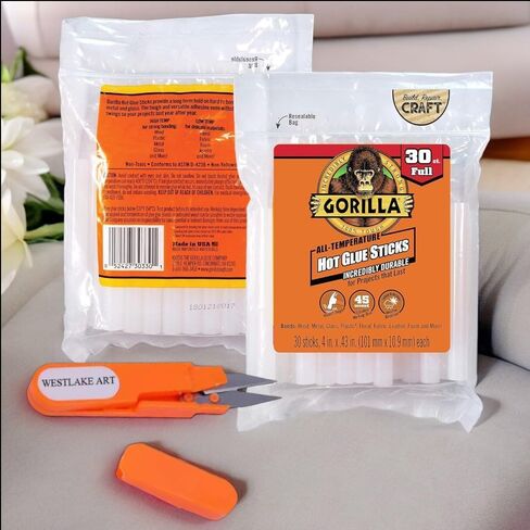 Gorilla Hot Glue Sticks for Glue Gun, 4" Long, 180 Count - Clear Drying, All-Temperature Glue Gun Sticks - Includes Westlake Art Embroidery Scissors, Easy to Use [Pack of 6] in Saudi Arabia
