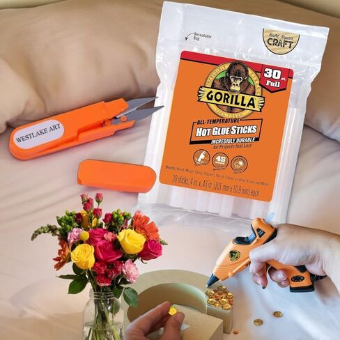 Gorilla Hot Glue Sticks for Glue Gun, 4" Long, 180 Count - Clear Drying, All-Temperature Glue Gun Sticks - Includes Westlake Art Embroidery Scissors, Easy to Use [Pack of 6] in Saudi Arabia