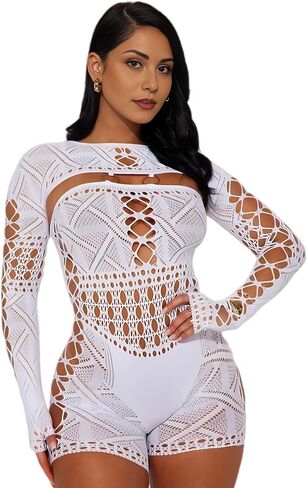 Sexy Long Sleeve Romper for Women See Through Mesh Hollow Out Bodysuit Seamless Jumpsuit in Saudi Arabia
