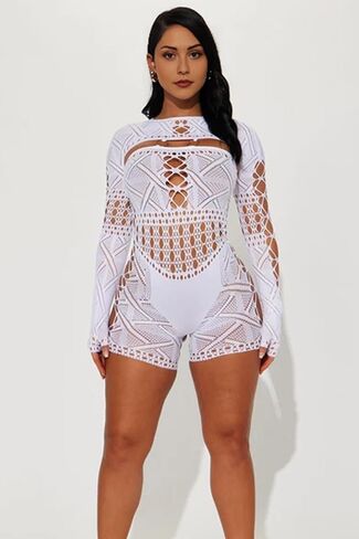 Sexy Long Sleeve Romper for Women See Through Mesh Hollow Out Bodysuit Seamless Jumpsuit in Saudi Arabia