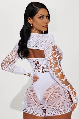 Sexy Long Sleeve Romper for Women See Through Mesh Hollow Out Bodysuit Seamless Jumpsuit in Saudi Arabia