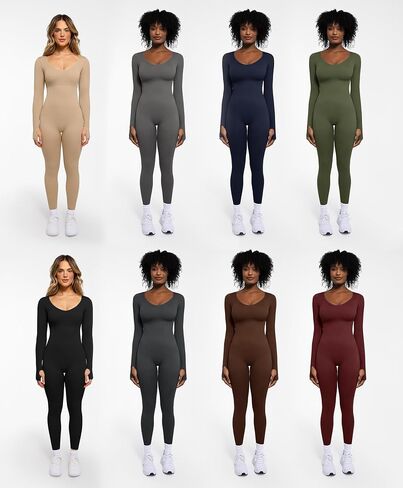 Popilush Long Sleeve Jumpsuit for Women Built-in Bra Ribbed U Neck Tummy Control Full Length Bodycon Workout Fall Outfits in Saudi Arabia