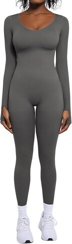 Popilush Long Sleeve Jumpsuit for Women Built-in Bra Ribbed U Neck Tummy Control Full Length Bodycon Workout Fall Outfits in Saudi Arabia
