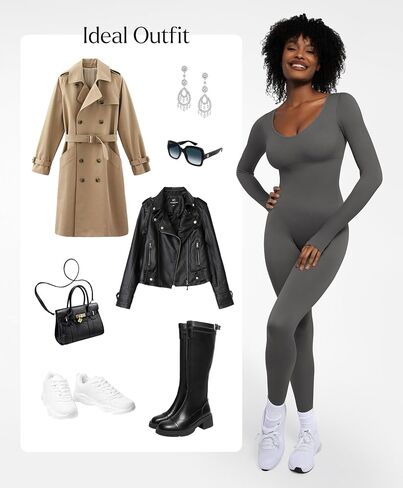 Popilush Long Sleeve Jumpsuit for Women Built-in Bra Ribbed U Neck Tummy Control Full Length Bodycon Workout Fall Outfits in Saudi Arabia