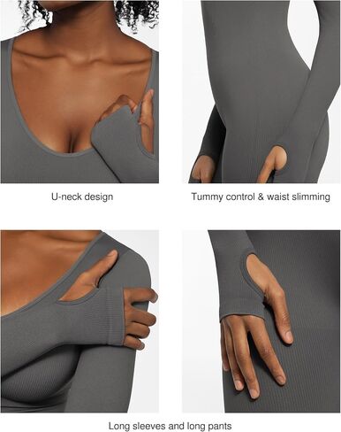 Popilush Long Sleeve Jumpsuit for Women Built-in Bra Ribbed U Neck Tummy Control Full Length Bodycon Workout Fall Outfits in Saudi Arabia