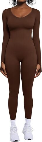 Popilush Long Sleeve Jumpsuit for Women Built-in Bra Ribbed U Neck Tummy Control Full Length Bodycon Workout Fall Outfits in Saudi Arabia