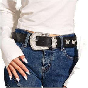Black Western Leather Belts Metal Butterfly Leather Belt for Women Adjustable Waist Belts for Dresses Jeans Pants