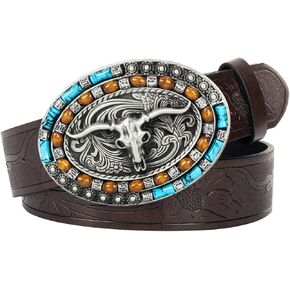 Western Turquoise Cowboy Belt for Men Women with Longhorn Bull Buckle Belt for Jeans
