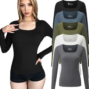 FMNNNN 5 Piece Womens Square Neck Long Sleeve Shirts Basic Spring Crop Tops Fall Fashion Layering Slim Fitted Y2k Tops