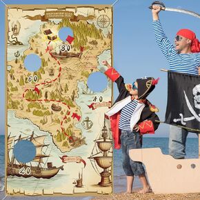 ألعاب حفلات القراصنة كرنفال، لافتة ألعاب رمي القراصنة مع 4 أكياس حبوب مجموعة للرمي في الأماكن المغلقة والمفتوحة عبر لعبة خريطة الكنز وألعاب الكرنفال للأطفال لتزيين مستلزمات حفلات أعياد الميلاد