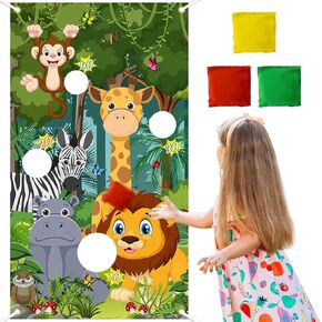 Avezano Jungle Animals Toss Game Banner with 3 Bean Bags Safari Animal Toss Across Game Set for Kids Safari Birthday Party Decorations Wild Animals Throwing Game Backdrop Indoor Outdoor