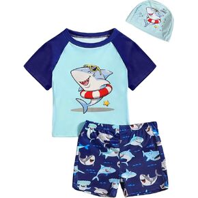 Toddler Boys Blue Shark Swimsuit - Kid Cute Bathing Suit Short Sleeve Shirt Trunks Hat Rash Guard Swimwear 3Pcs Set