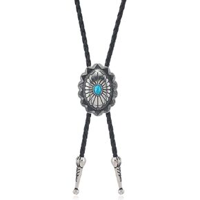 Oval Bolo Tie Necklace Embedded in Turquoise for Men Women Turquoise Vintage Geometric Oval Bolo Tie Leather Necklace Vintage Sweater Chain for Men