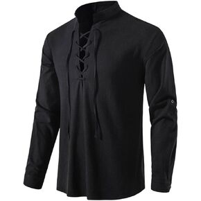 Men's Cotton Linen Lace Up Shirts Pirate Medieval Viking Renaissance Halloween Costume Drawstring Arm Banded Tops