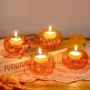Glasseam Glass Pumpkin Candle Holders: Halloween Tealight Candle Holder Set of 4 Amber Cute Small Candle Holders Fall Tea Light Candle Holders for Table Centerpiece Thanksgiving Party Decorations