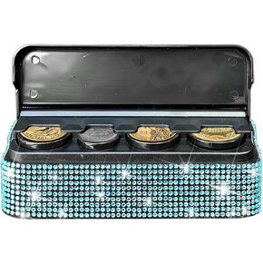 Bling Car Coin Holder, Crystal Rhinestone Vehicle Change Organizer Box, Portable Diamond Automotive Storage Coin Money Dispenser Accessories, Universal for SUV, Sedan, Truck (White)