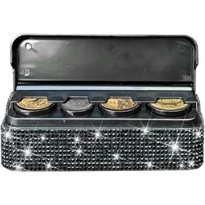 Bling Car Coin Holder, Crystal Rhinestone Vehicle Change Organizer Box, Portable Diamond Automotive Storage Coin Money Dispenser Accessories, Universal for SUV, Sedan, Truck (White)