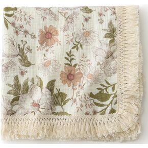 CHUNGEL Cotton Baby Muslin Tassles 40"x 47", Baby Receiving Blanket with Fringe, Boho Muslin Swaddle Blanket with Fringe- Earth Rainbow