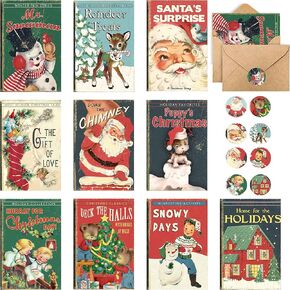 AnyDesign 40 Pack Retro Christmas Greeting Cards Vintage Xmas Cards with Envelopes Stickers Santa Claus Snowman Blank Note Cards for All Occasions New Year Gift Giving, 10 Design, 4 x 6 Inch