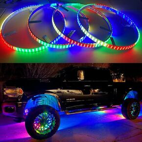 17.5" Triple Row RGB + White + Dream Color Chasing Flow Series Illuminated Wheel Rim Lights for Car Truck Bluetooth Control Multi-Color Off-Road Lighting Rings