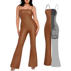 Popilush Shapewear Faux Leather Corset Bodice Slimming Jumpsuit Wide Leg Jumpsuits for Women Dressy with Adjustable Strap