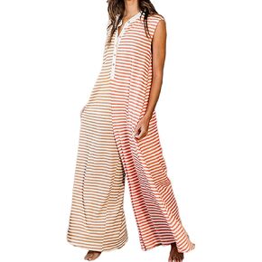 CHARTOU Loose Striped Wide Leg Jumpsuit for Women Summer Romper Flowy Pants Comfy Sleeveless Button Baggy Overalls