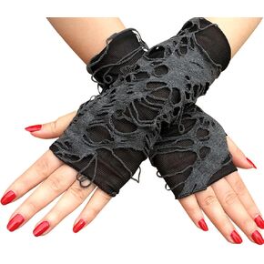 Halloween Fingerless Gloves Women's Punk Black Broken Slit Ripped Gothic Gloves Arm Warmers Stretchy Soft Gloves