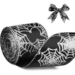 2.5" X 10 Yards Halloween Spider Web Wired Ribbon for Gift Wrapping, Glitter Cobweb Ribbon for Halloween Party Decoration, Garland, Home Wreath, Tree, Bow Decor, DIY Crafts Ornaments