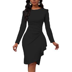 Women's Long Sleeve Bodycon Dress Crew Neck Ruched Wrap Wear to Work Church Midi Pencil Dress Elegant